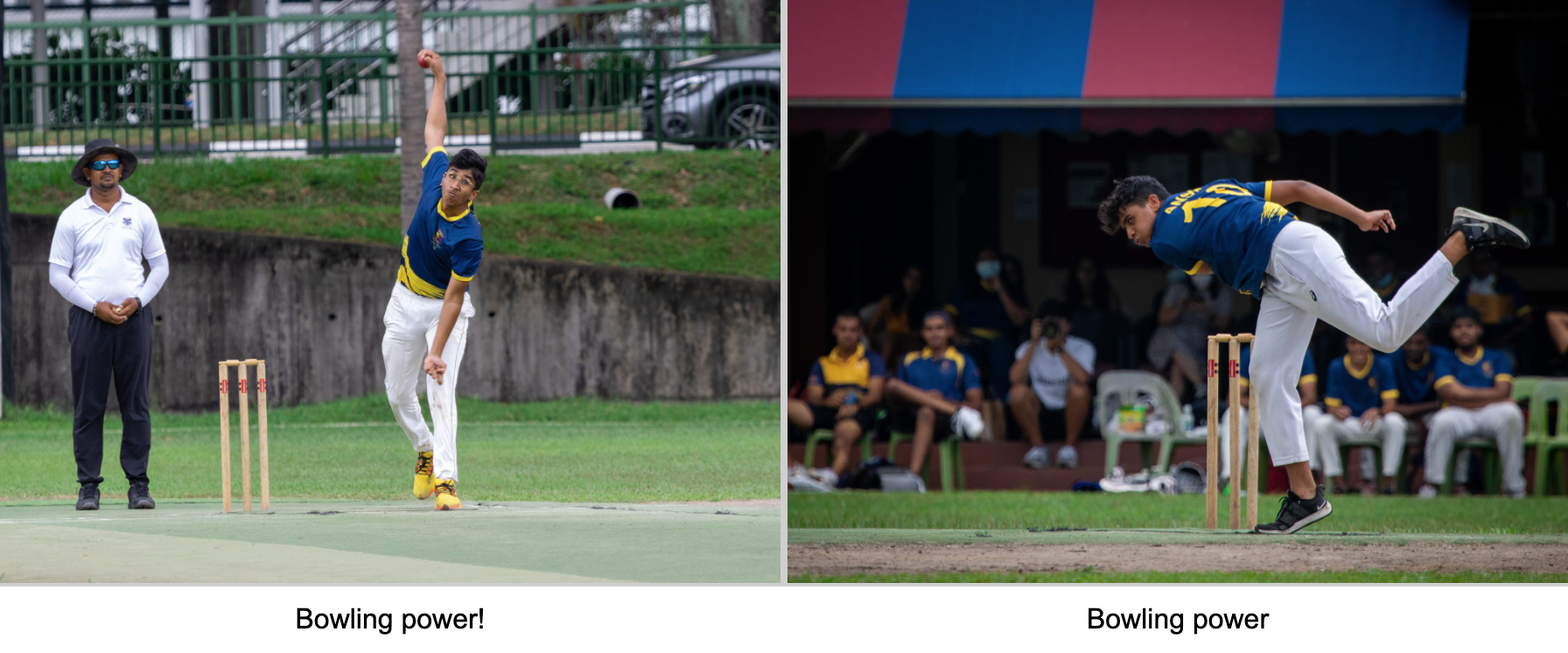 Two cricket bowlers in blue and yellow uniforms mid-delivery near wickets, with an umpire and spectators visible.